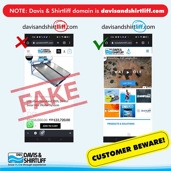 Beware of fraud, Kindly call Davis & Shirtliff incase of any suspicious promotion or ads inorder for us to serve you better